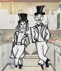 Two people on a stage, set in a kitchen but there's no cooking and we're both dressed in evening wear